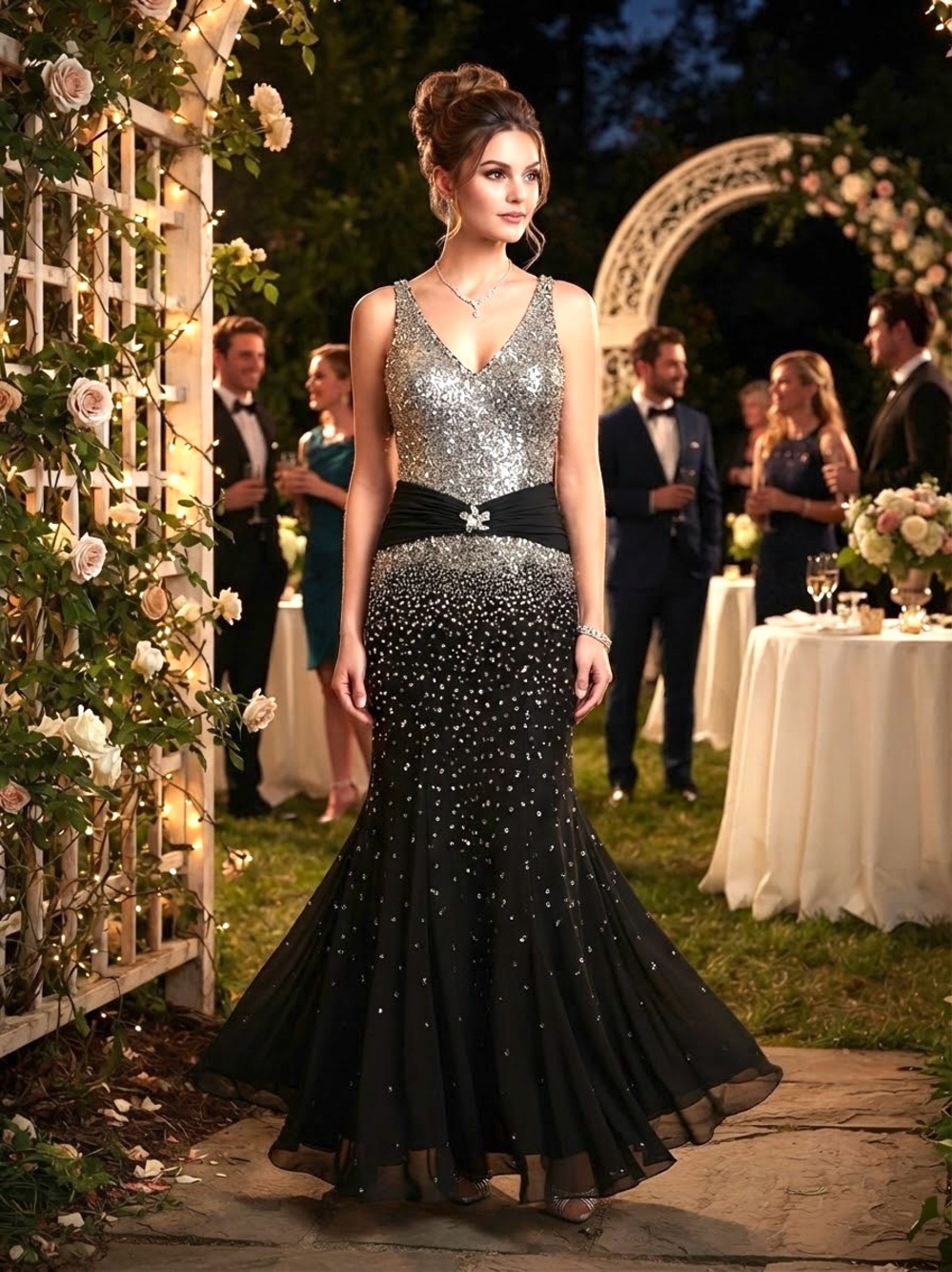 Silver to Black Ombre Sequin Evening Maxi Dress